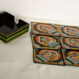 Tikuli art Hand Painted Coaster-Set of Six with Stand. (Square)